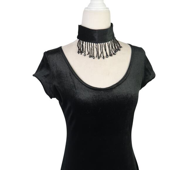 Vintage 90s Lagenes Black Velvet Midi Cocktail Dress Beaded Fringe Choker M - Picture 2 of 6